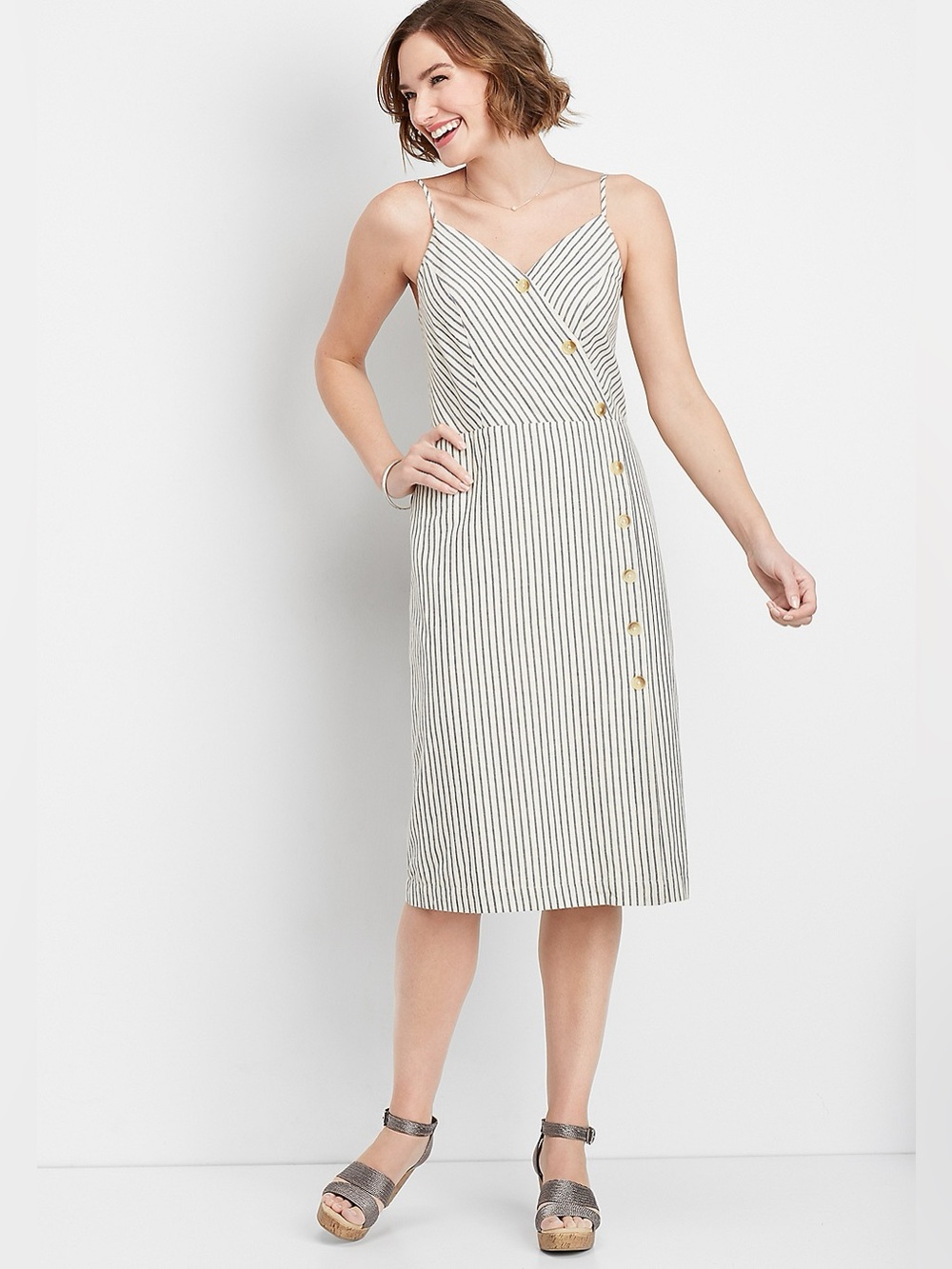 Maurices Plus White and Black Striped Spaghetti-Strap Midi Dress 0X